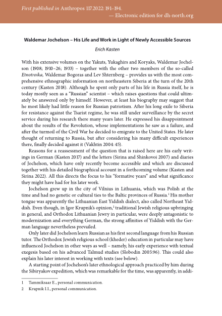 Waldemar Jochelson – His Life and Work in Light of Newly Accessible Sources