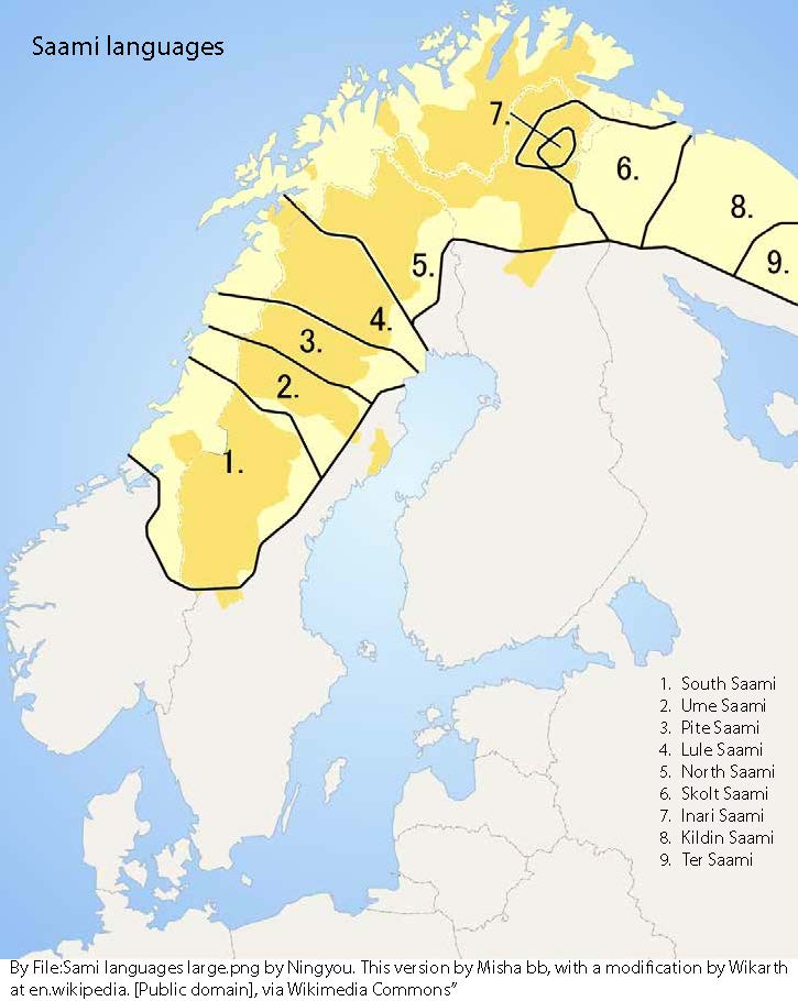 Map of the distribution of the Sami languages